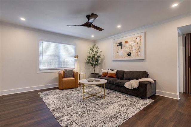 4282 Roswell Rd NE Unit G1, Atlanta, GA 30342 - living room featuring ornamental molding, a ceiling fan, dark wood-style flooring, baseboards, and recessed lighting