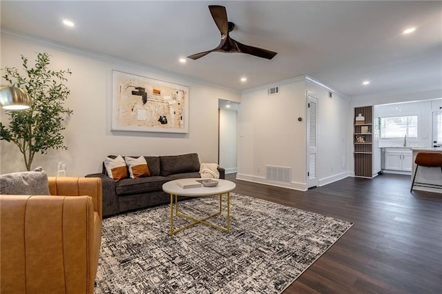4282 Roswell Rd NE Unit G1, Atlanta, GA 30342 - living area featuring ornamental molding, ceiling fan, dark wood-style flooring, baseboards, and recessed lighting