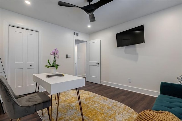 4282 Roswell Rd NE Unit G1, Atlanta, GA 30342 - office area featuring dark wood-style floors, baseboards, a ceiling fan, and recessed lighting