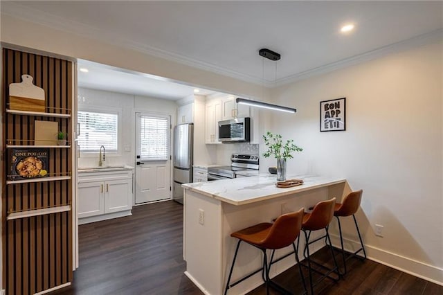 4282 Roswell Rd NE Unit G1, Atlanta, GA 30342 - kitchen featuring stainless steel appliances, a peninsula, dark wood-style floors, white cabinetry, and crown molding