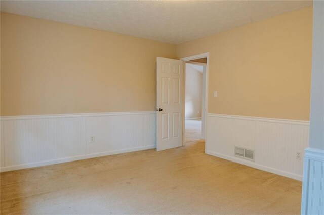 spare room featuring light colored carpet and a textured ceiling