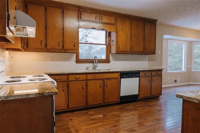 kitchen with sink, dishwasher, white range with electric cooktop, extractor fan, and a healthy amount of sunlight