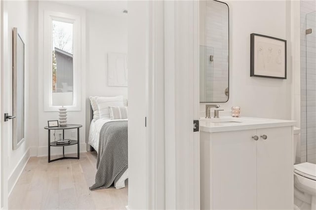 bathroom featuring vanity, toilet, and wood-type flooring