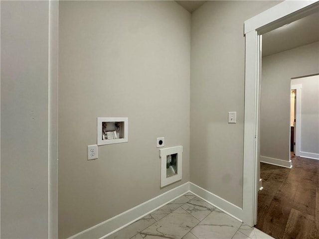 washroom featuring washer hookup, marble finish floor, electric dryer hookup, laundry area, and baseboards