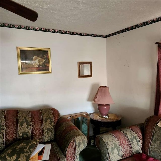 living room with a textured ceiling