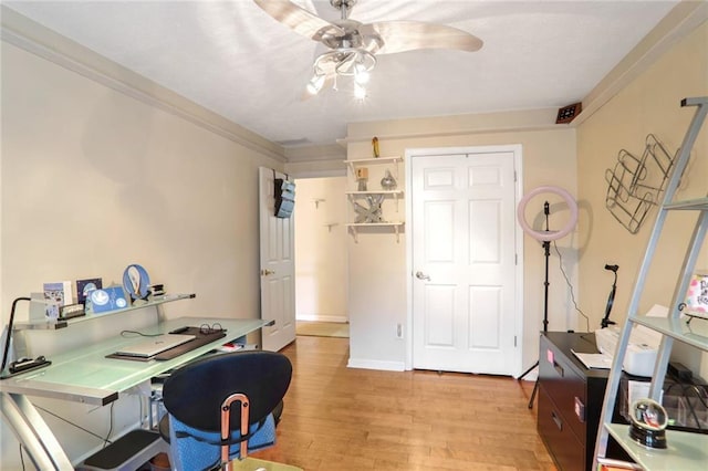 office area with ceiling fan, light wood-type flooring, and ornamental molding