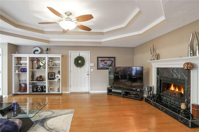 living room featuring a premium fireplace, wood-type flooring, and a raised ceiling