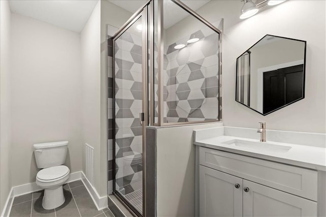 bathroom with tile patterned flooring, vanity, toilet, and a shower with door