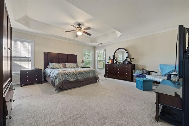 83 Leyland Xing, Dallas, GA 30132 - bedroom featuring a raised ceiling, light carpet, ornamental molding, ceiling fan, and baseboards