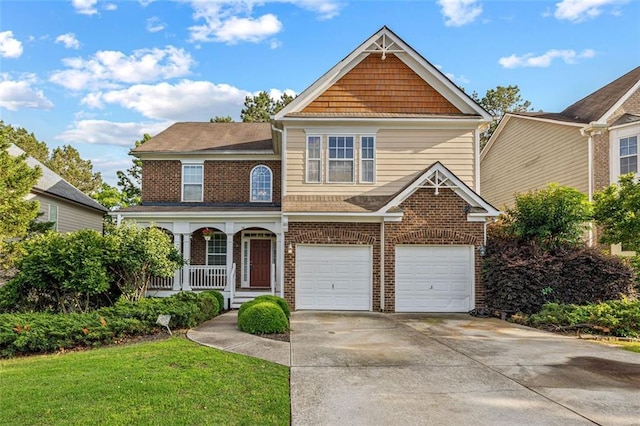 83 Leyland Xing, Dallas, GA 30132 - view of front of house with an attached garage, a porch, driveway, brick siding, and a front yard