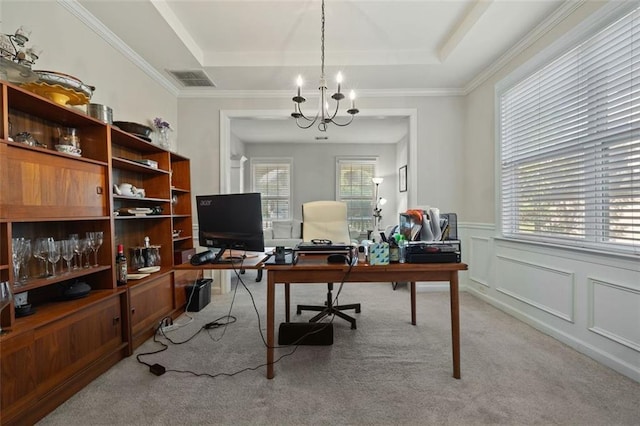 83 Leyland Xing, Dallas, GA 30132 - office area featuring light carpet, a chandelier, a raised ceiling, healthy amount of natural light, and ornamental molding