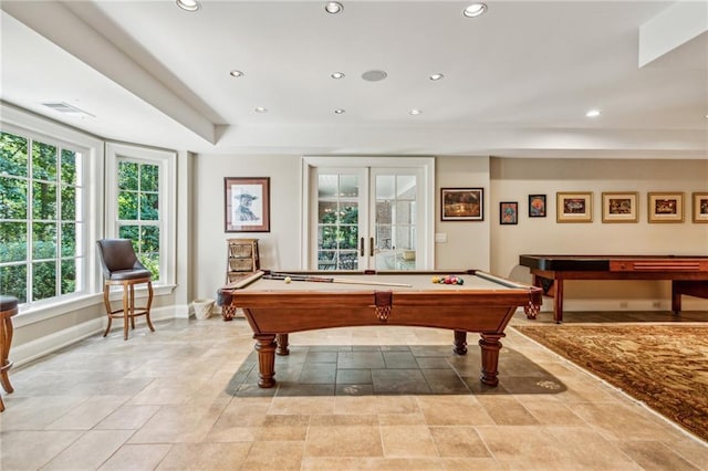 recreation room featuring billiards, baseboards, visible vents, recessed lighting, and stone finish flooring