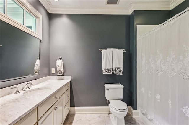 bathroom featuring vanity, visible vents, baseboards, ornamental molding, and marble finish floor