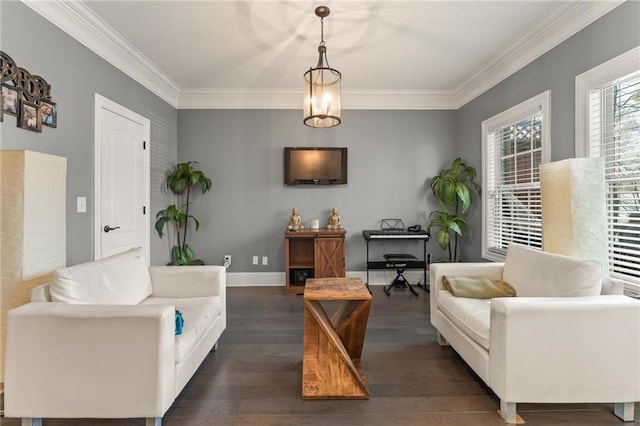 living room with ornamental molding and dark hardwood / wood-style flooring