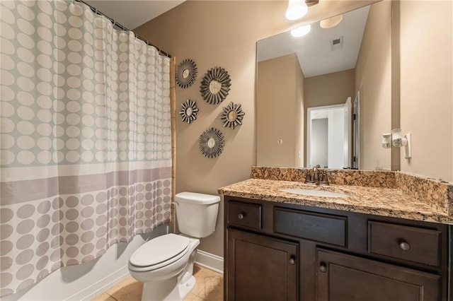 full bathroom with vanity, tile patterned floors, shower / bath combination with curtain, and toilet