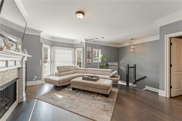 living room featuring a fireplace, ornamental molding, and dark hardwood / wood-style floors