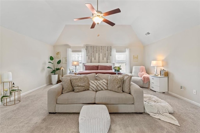 carpeted bedroom featuring lofted ceiling and ceiling fan