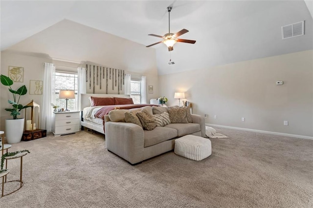 bedroom with ceiling fan, light colored carpet, and high vaulted ceiling