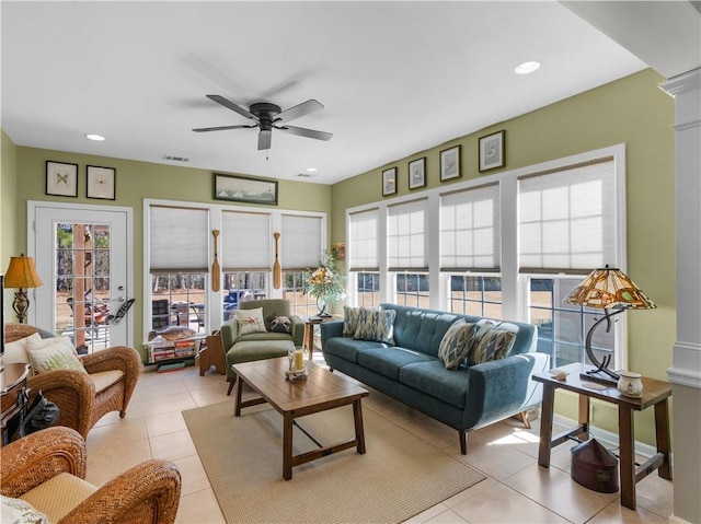 living room featuring recessed lighting, visible vents, ceiling fan, and light tile patterned flooring