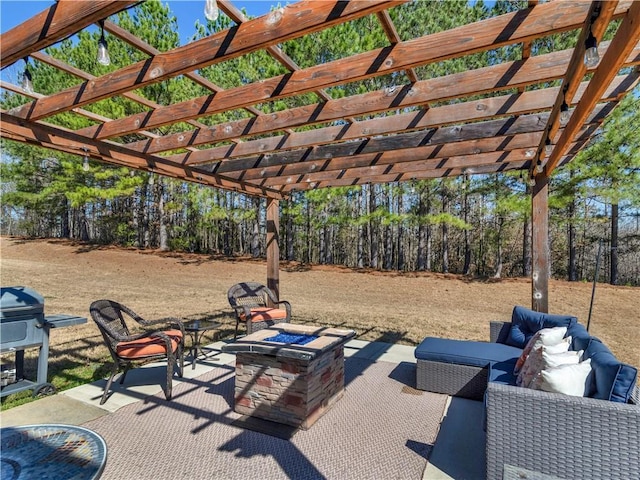 view of patio / terrace featuring an outdoor living space with a fire pit, a grill, and a pergola