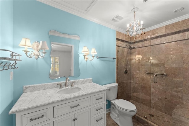 bathroom with crown molding, an enclosed shower, vanity, a notable chandelier, and toilet