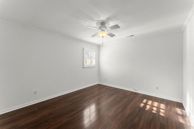 unfurnished room featuring crown molding, dark wood-type flooring, and ceiling fan