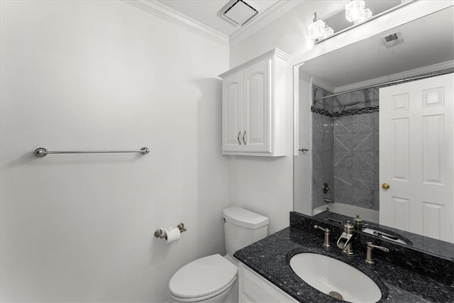 full bathroom featuring tiled shower / bath combo, crown molding, vanity, and toilet