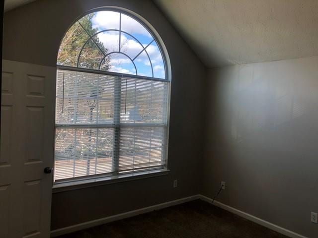 entrance foyer featuring lofted ceiling, dark carpet, and a textured ceiling