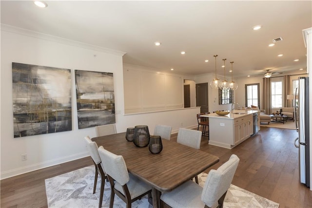 4923 Sudbrook Way Unit 233, Peachtree Corners, GA 30092 - dining room featuring recessed lighting, dark wood-type flooring, a ceiling fan, and ornamental molding