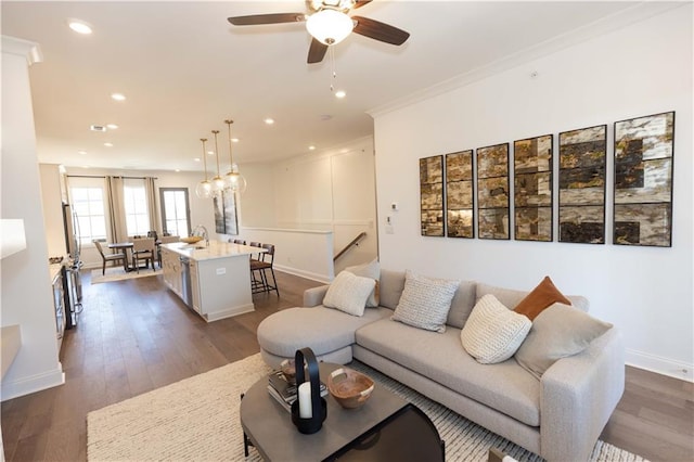 4923 Sudbrook Way Unit 233, Peachtree Corners, GA 30092 - living room with a ceiling fan, dark wood-type flooring, recessed lighting, and ornamental molding