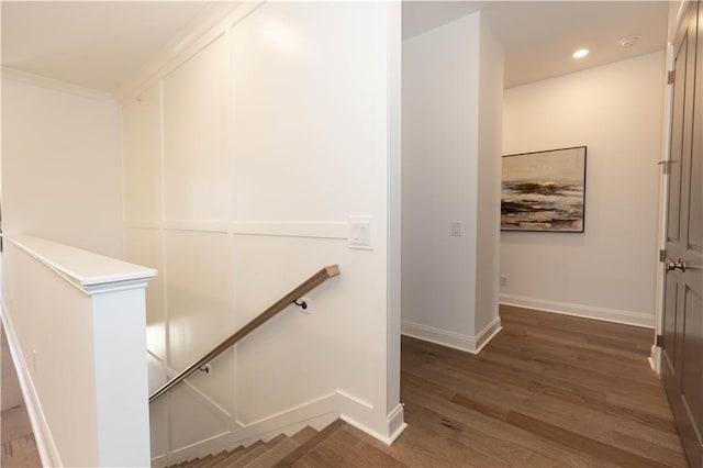 4923 Sudbrook Way Unit 233, Peachtree Corners, GA 30092 - stairway featuring wood finished floors, recessed lighting, and ornamental molding