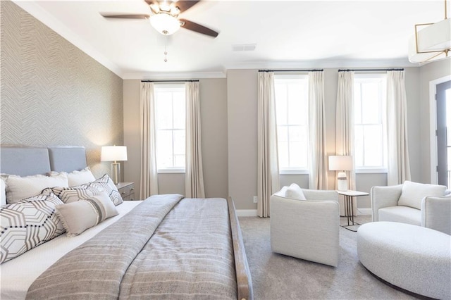 4923 Sudbrook Way Unit 233, Peachtree Corners, GA 30092 - bedroom with wallpapered walls, multiple windows, an accent wall, carpet floors, and ornamental molding