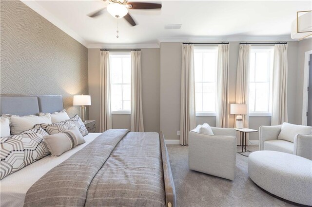 4923 Sudbrook Way Unit 233, Peachtree Corners, GA 30092 - bedroom featuring wallpapered walls, an accent wall, carpet, crown molding, and ceiling fan