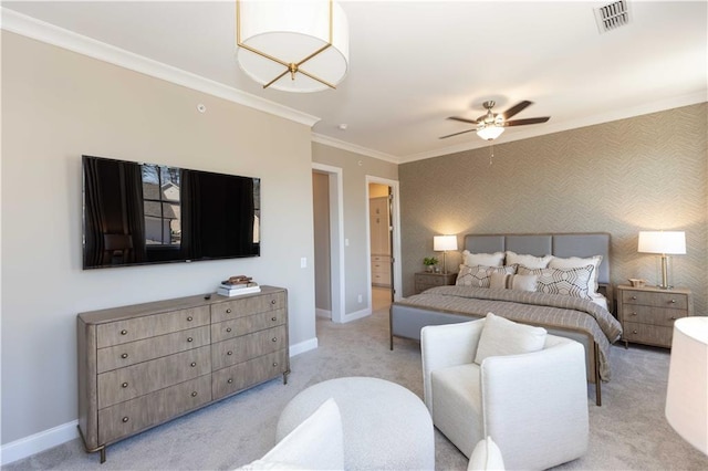 4923 Sudbrook Way Unit 233, Peachtree Corners, GA 30092 - bedroom featuring ornamental molding, light carpet, ceiling fan, and wallpapered walls