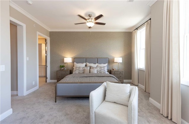 4923 Sudbrook Way Unit 233, Peachtree Corners, GA 30092 - bedroom with wallpapered walls, an accent wall, crown molding, light carpet, and ceiling fan