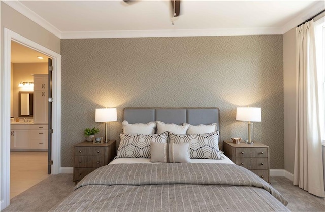 4923 Sudbrook Way Unit 233, Peachtree Corners, GA 30092 - bedroom featuring wallpapered walls, carpet, ensuite bath, and crown molding