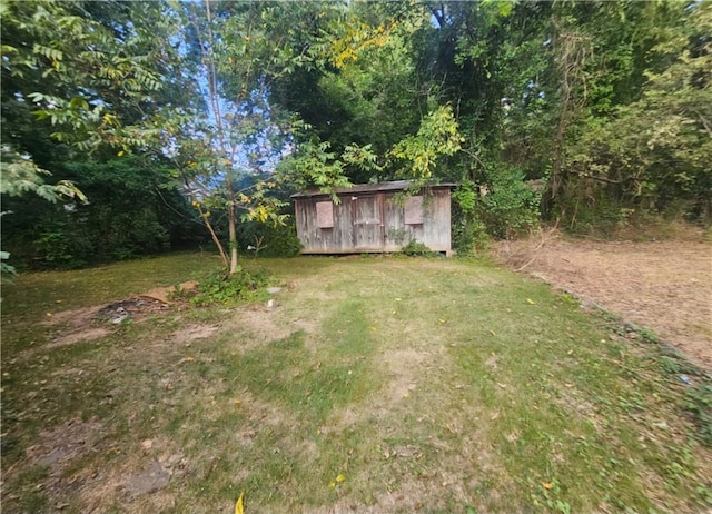 view of yard featuring a storage shed