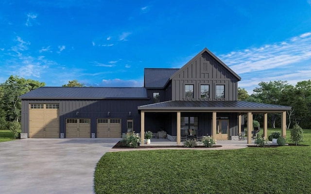 modern farmhouse style home featuring board and batten siding, a front yard, metal roof, a garage, and driveway