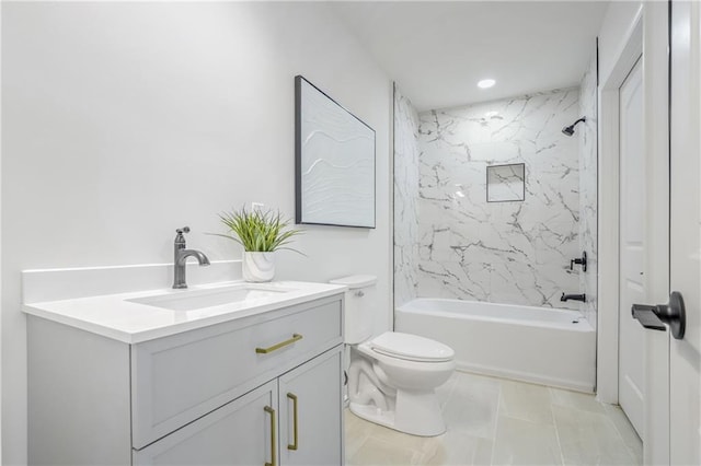 full bathroom with toilet, vanity, tiled shower / bath combo, and tile patterned flooring