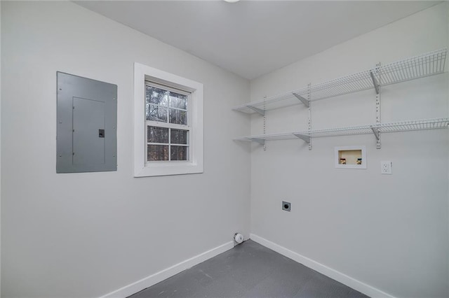 laundry room featuring hookup for a washing machine, laundry area, baseboards, electric panel, and electric dryer hookup