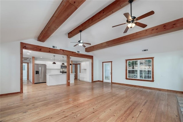 unfurnished living room featuring baseboards, visible vents, lofted ceiling with beams, and light wood finished floors