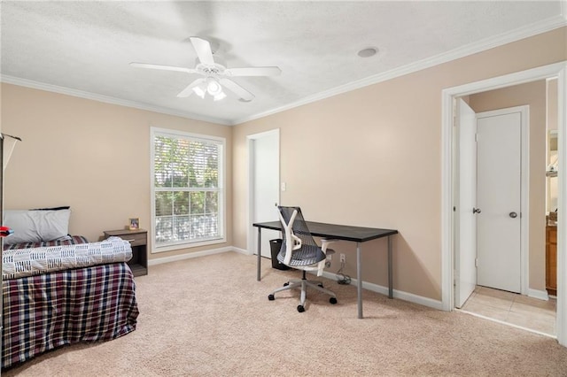 bedroom featuring ceiling fan, light colored carpet, and ornamental molding