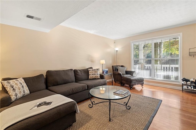 living room with crown molding, light hardwood / wood-style flooring, and a textured ceiling