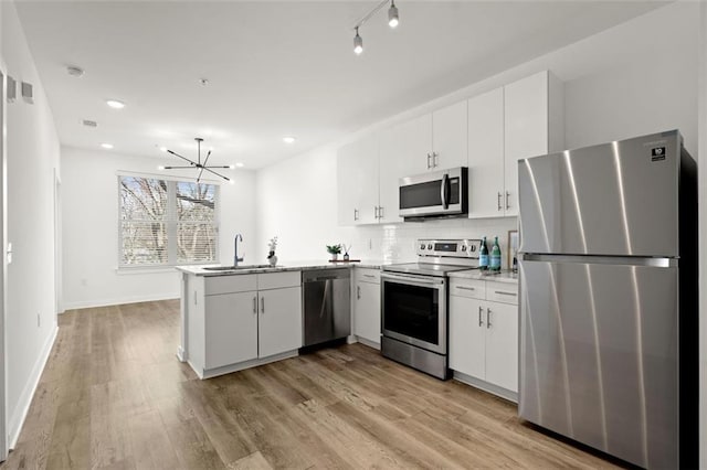 kitchen featuring a sink, light wood-style floors, appliances with stainless steel finishes, a peninsula, and white cabinets