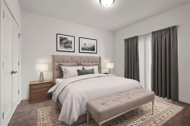 bedroom featuring light colored carpet and baseboards