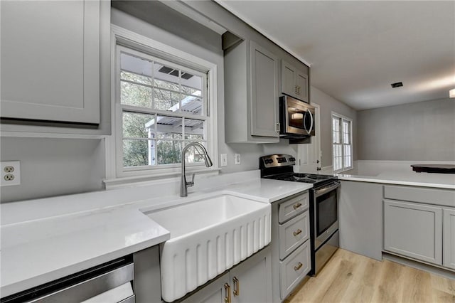 kitchen featuring gray cabinets, sink, light hardwood / wood-style floors, and stainless steel appliances