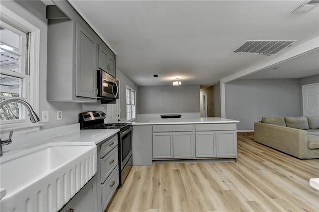 kitchen with kitchen peninsula, appliances with stainless steel finishes, a wealth of natural light, sink, and gray cabinets