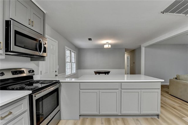 kitchen with gray cabinetry, light hardwood / wood-style floors, kitchen peninsula, and appliances with stainless steel finishes