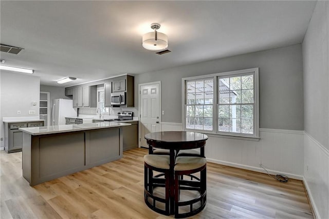 kitchen featuring gray cabinetry, light hardwood / wood-style flooring, stainless steel appliances, and sink