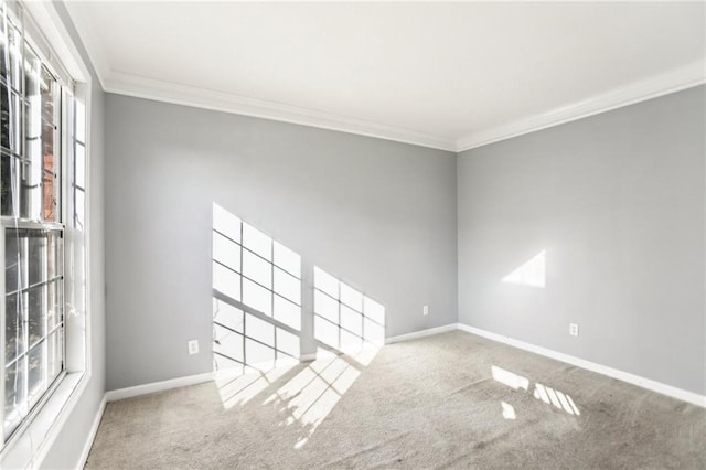 carpeted empty room with baseboards and ornamental molding